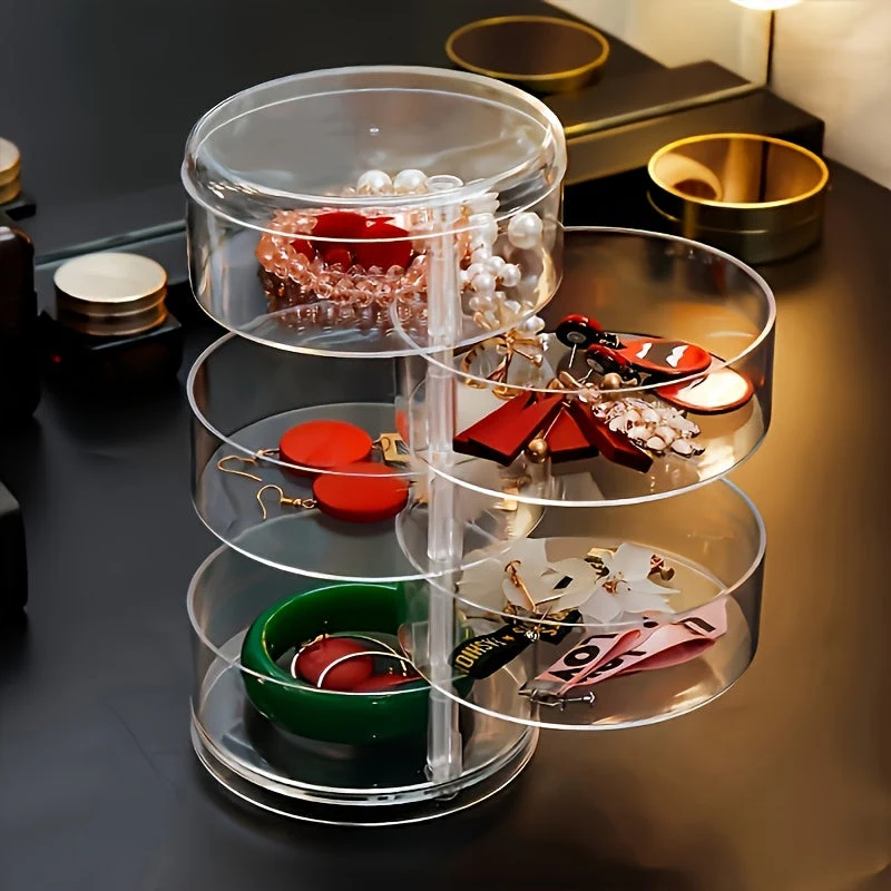 1pc Five-Layer Rotating Jewelry Organizer - Acrylic Material with Transparent Dustproof Dividers, Space-Saving Desktop Storage for Earrings, Necklaces, Bracelets, Hair Clips, Cosmetics - Durable Plastic Jewelry Box for Home, Salon, and Travel - Light - Image 6