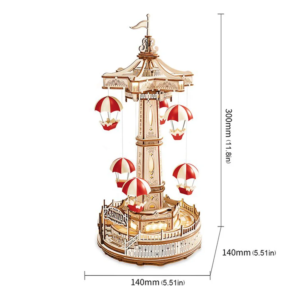 Avelena | ROKR Parachute Tower Musikbox | 3D Holzpuzzle mit Bewegung & Licht | DIY Bausatz 184 Teile | Magischer Jahrmarkt für Kinder & Erwachsene
