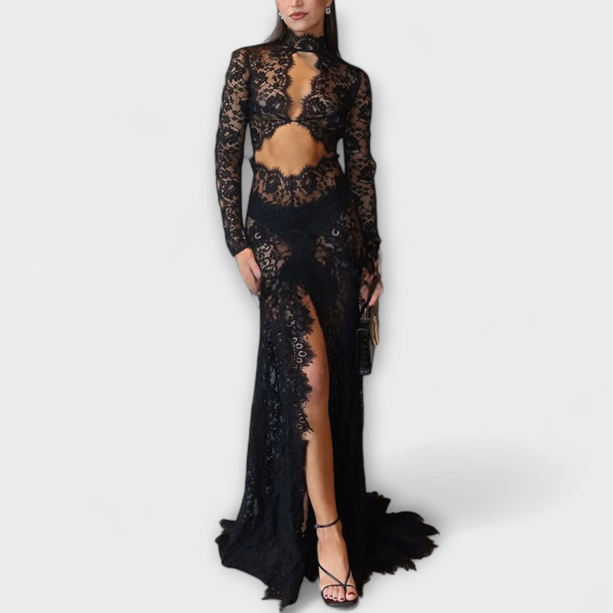 Azalee - Mitternachts-Eleganz Sheer Cutout Langarm Stretch-Maxikleid" could be rewritten as:
"Azalee - Midnight Elegance Sheer Cutout Long Sleeve Stretch Maxi Dress - Image 3