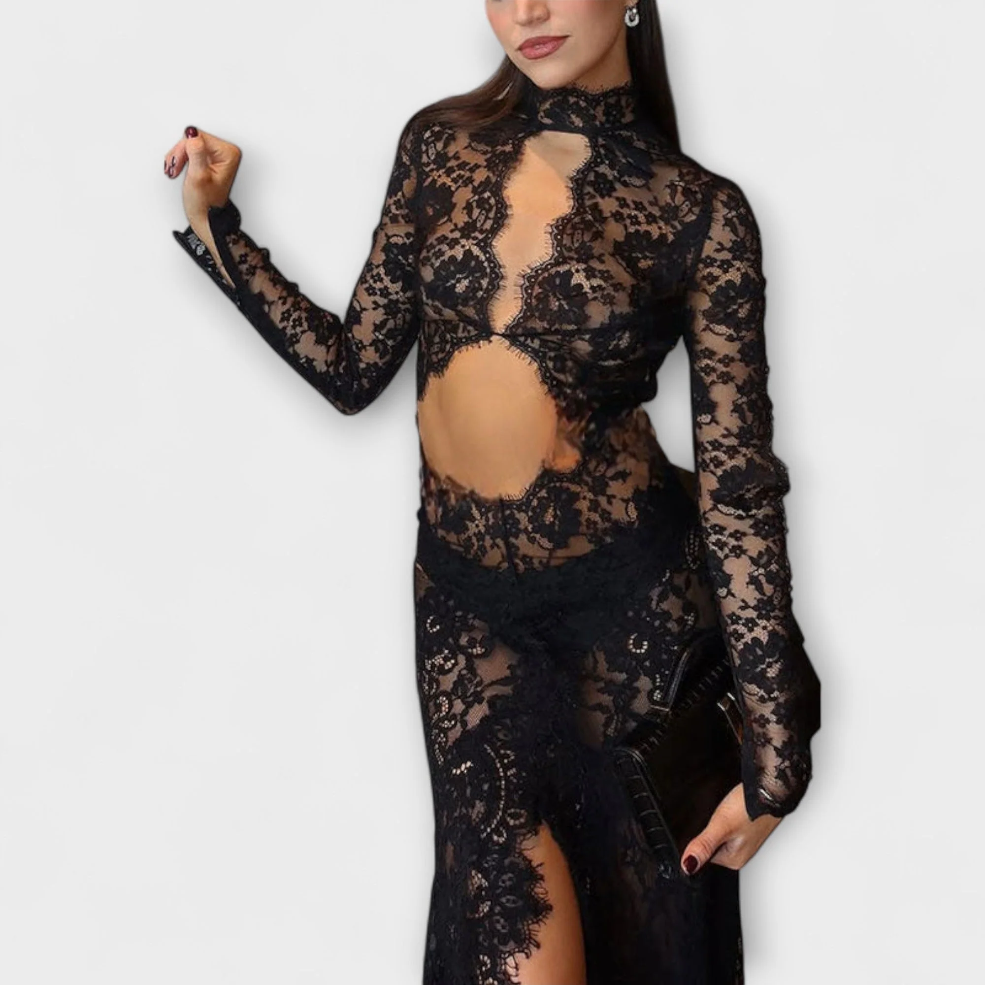 Azelina – Transparentes Maxikleid mit Cut-outs und Spitzenstruktur - Image 2