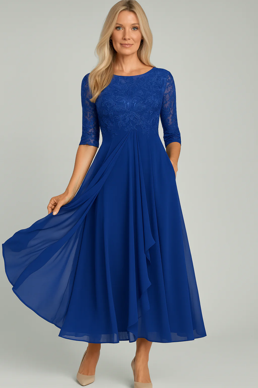 Beatriz – Damen Elegantes Midikleid Mit Spitzenoberteil