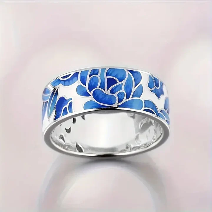 Blauer Emaille-Blumenring