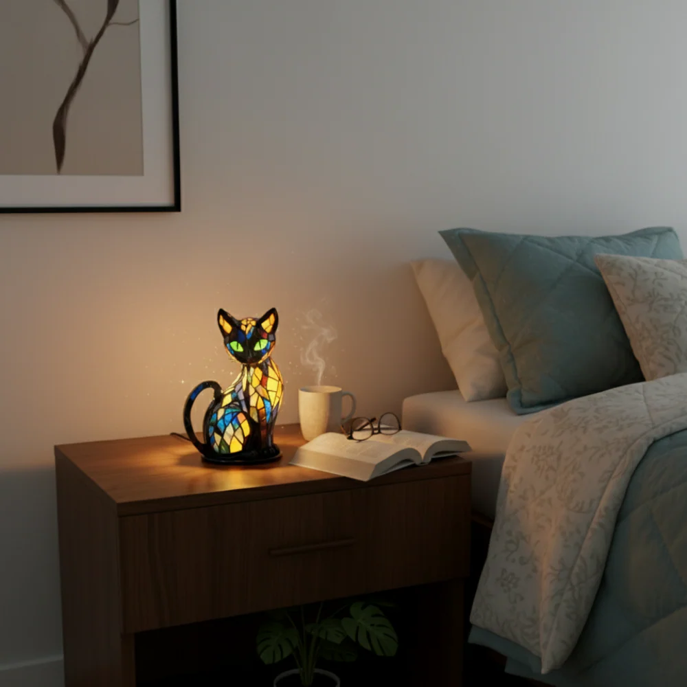 Bunte Mosaik Katzenlampe Handgefertigte Glas Tischleuchte - Image 3