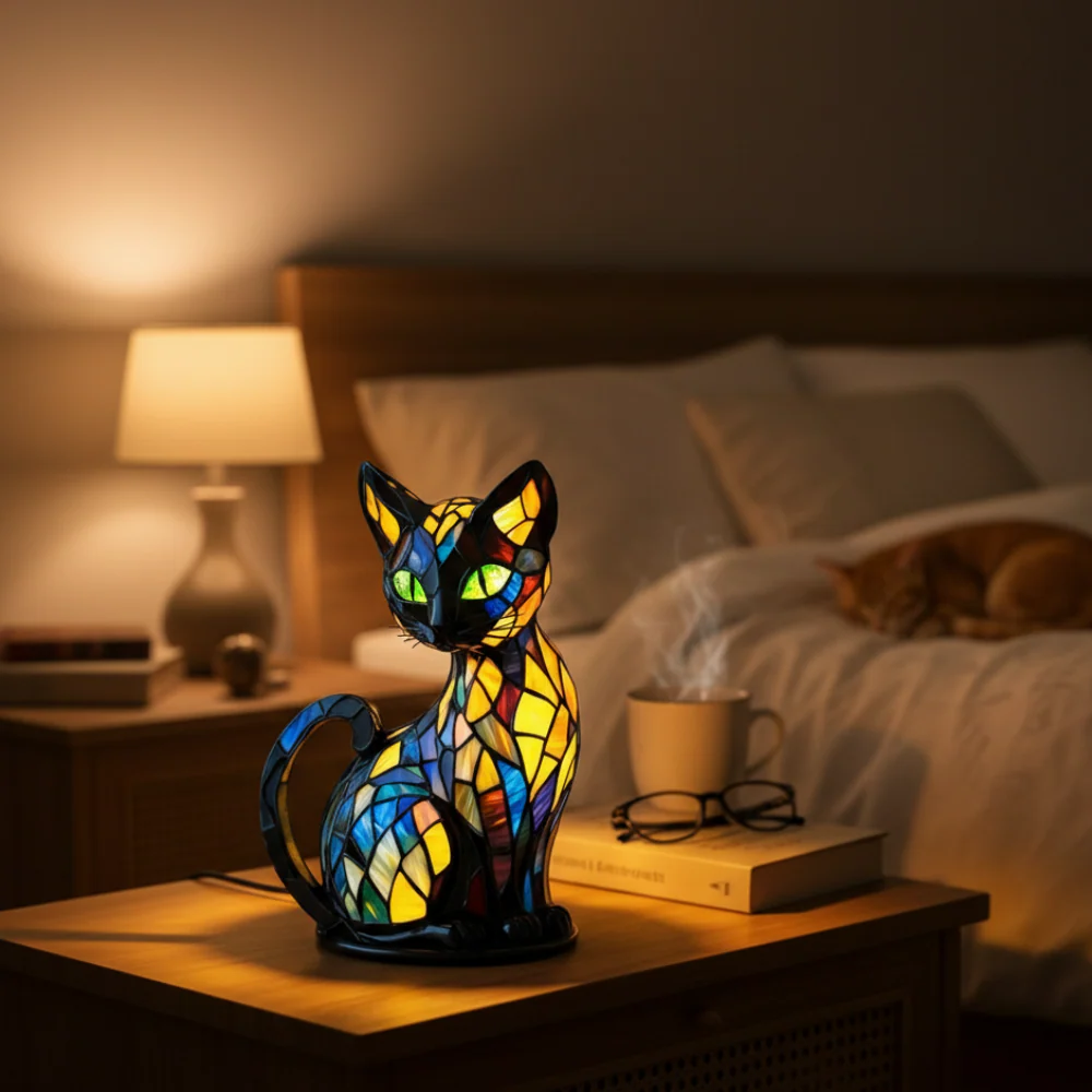 Bunte Mosaik Katzenlampe Handgefertigte Glas Tischleuchte - Image 4