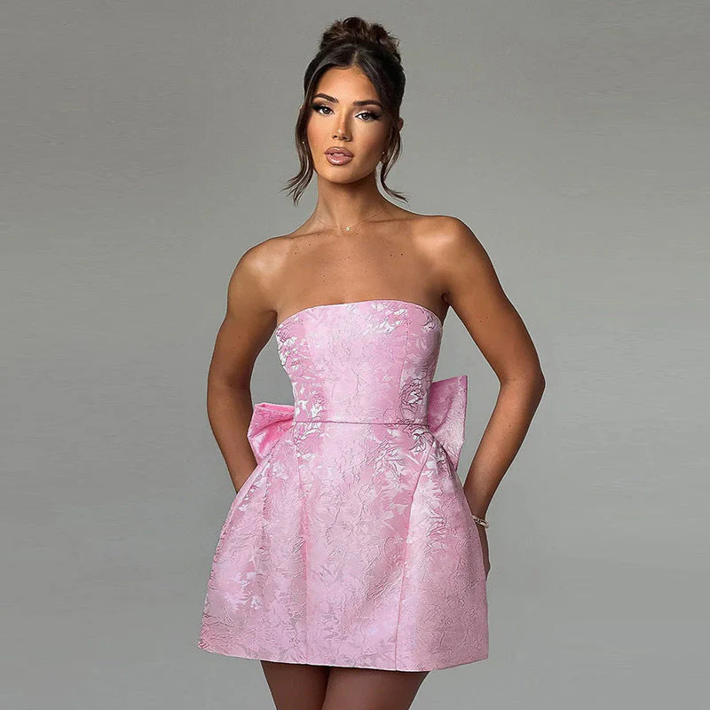 Champagnerfarbene Mini-Cocktailkleid – Schulterfreies Abendkleid mit Schleifendetail