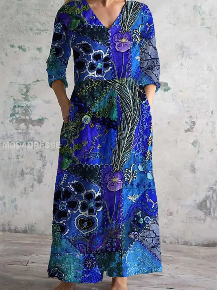 Chic Vintage Floral Art Print Midi Dress with V-Neck and Three-Quarter Sleeves