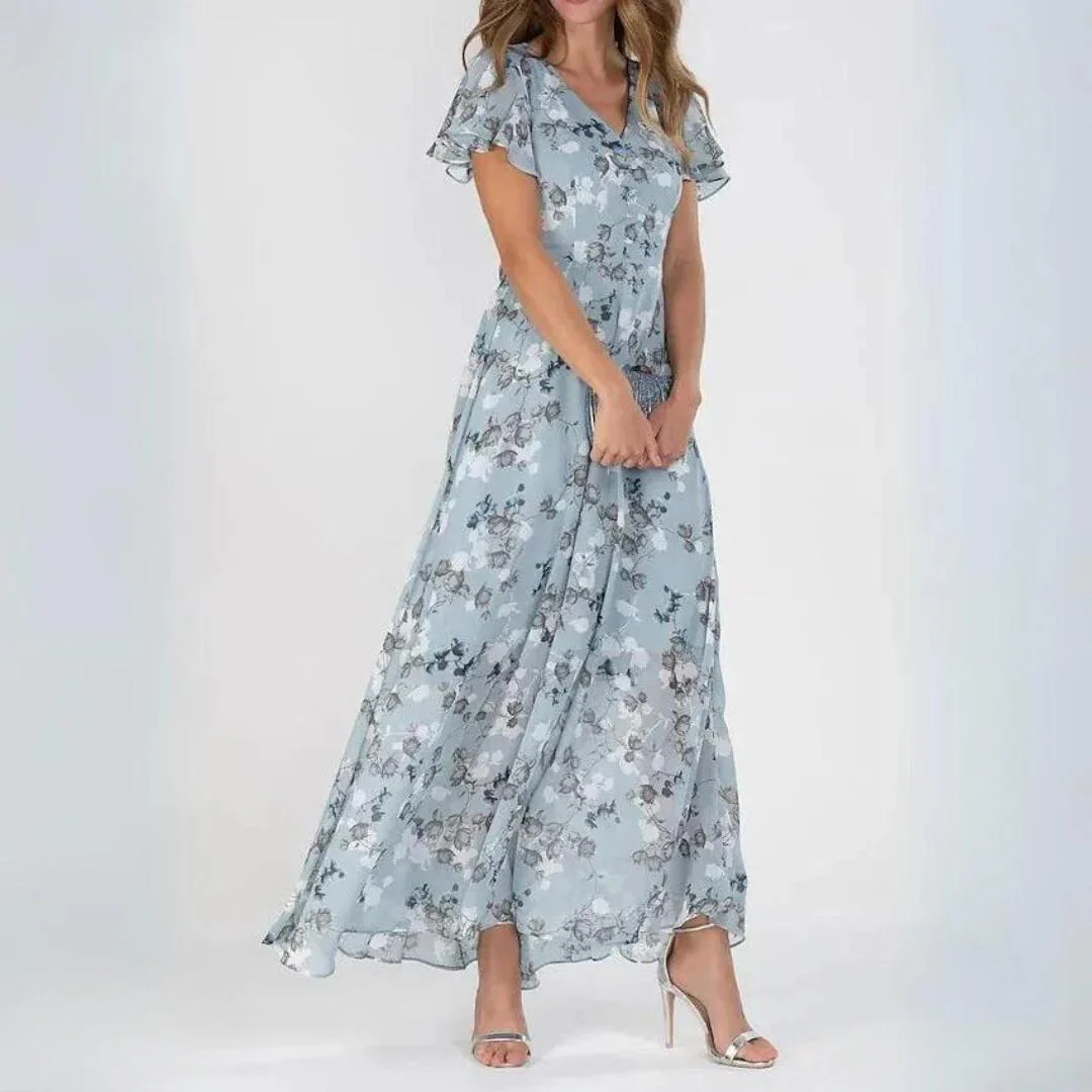 Chiffon Maxikleid mit V-Ausschnitt & floralem Muster – Elegant & Luftig