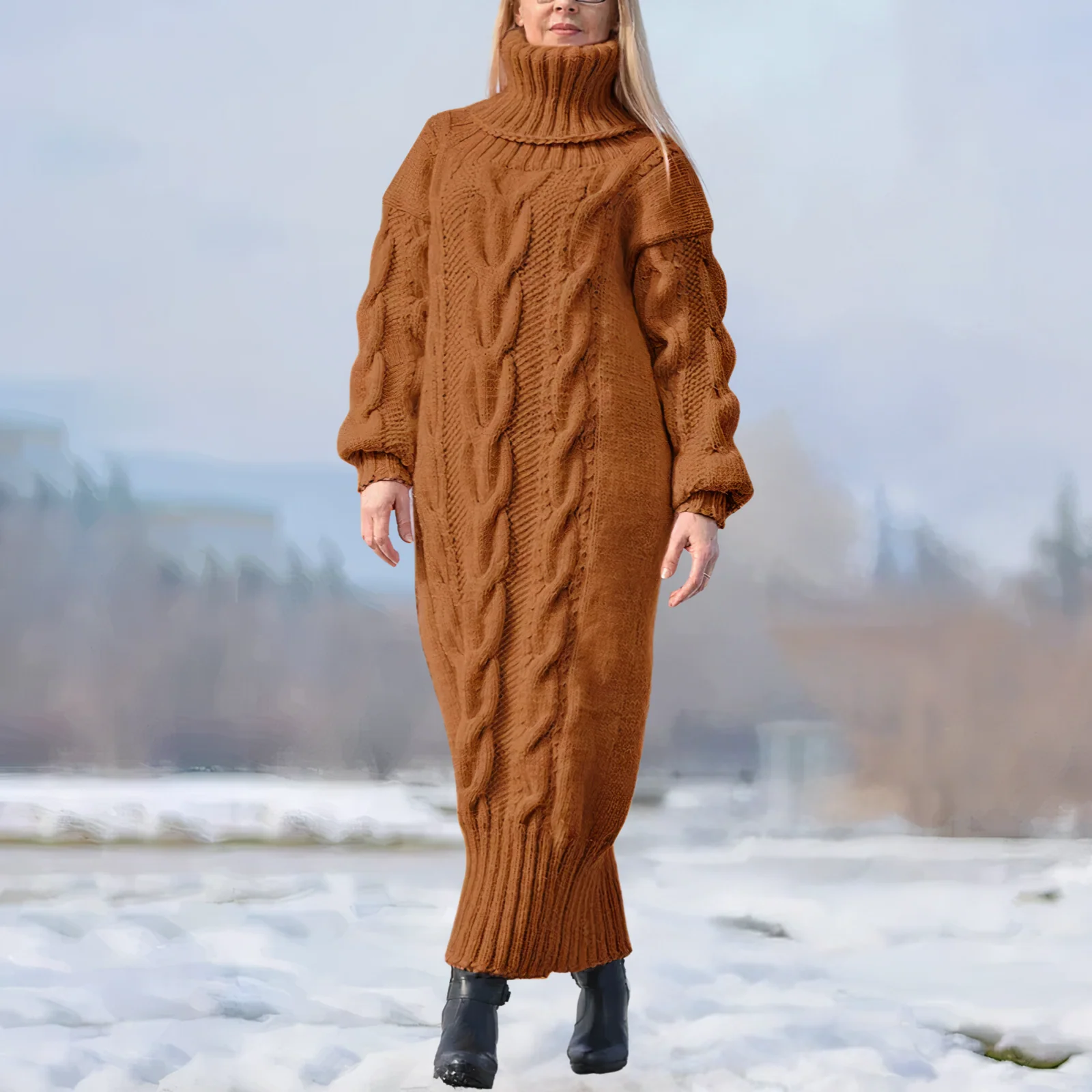 Clara | Damen Strick-Maxikleid lang mit stilvollem Zopfmuster