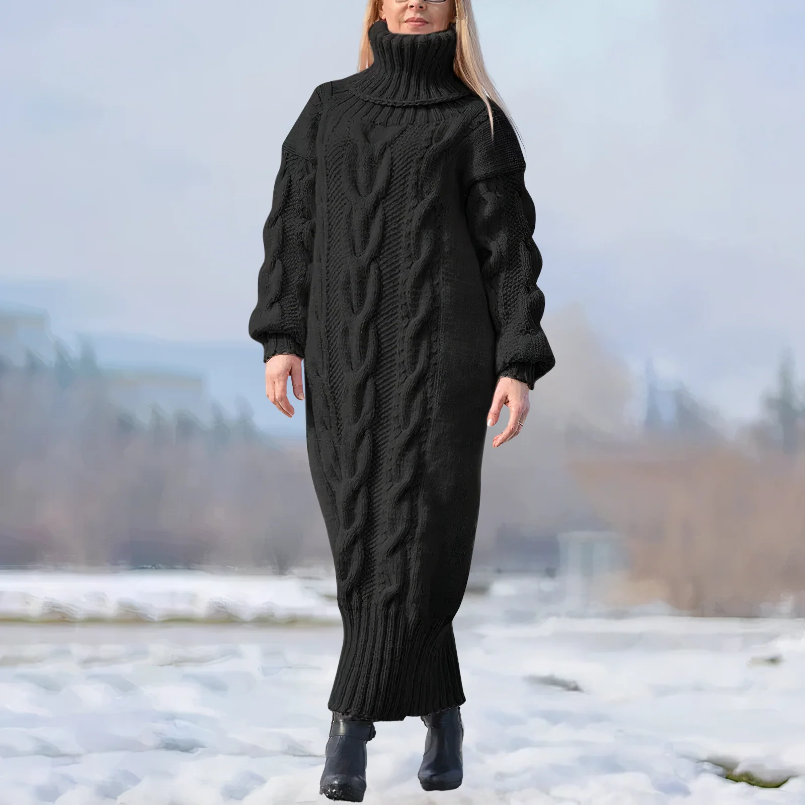 Clara | Damen Strick-Maxikleid lang mit stilvollem Zopfmuster - Image 2