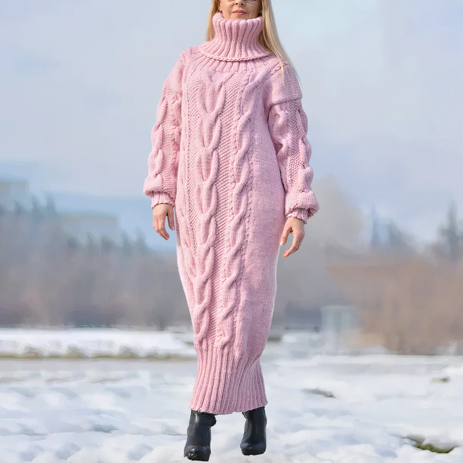 Clara | Damen Strick-Maxikleid lang mit stilvollem Zopfmuster - Image 3