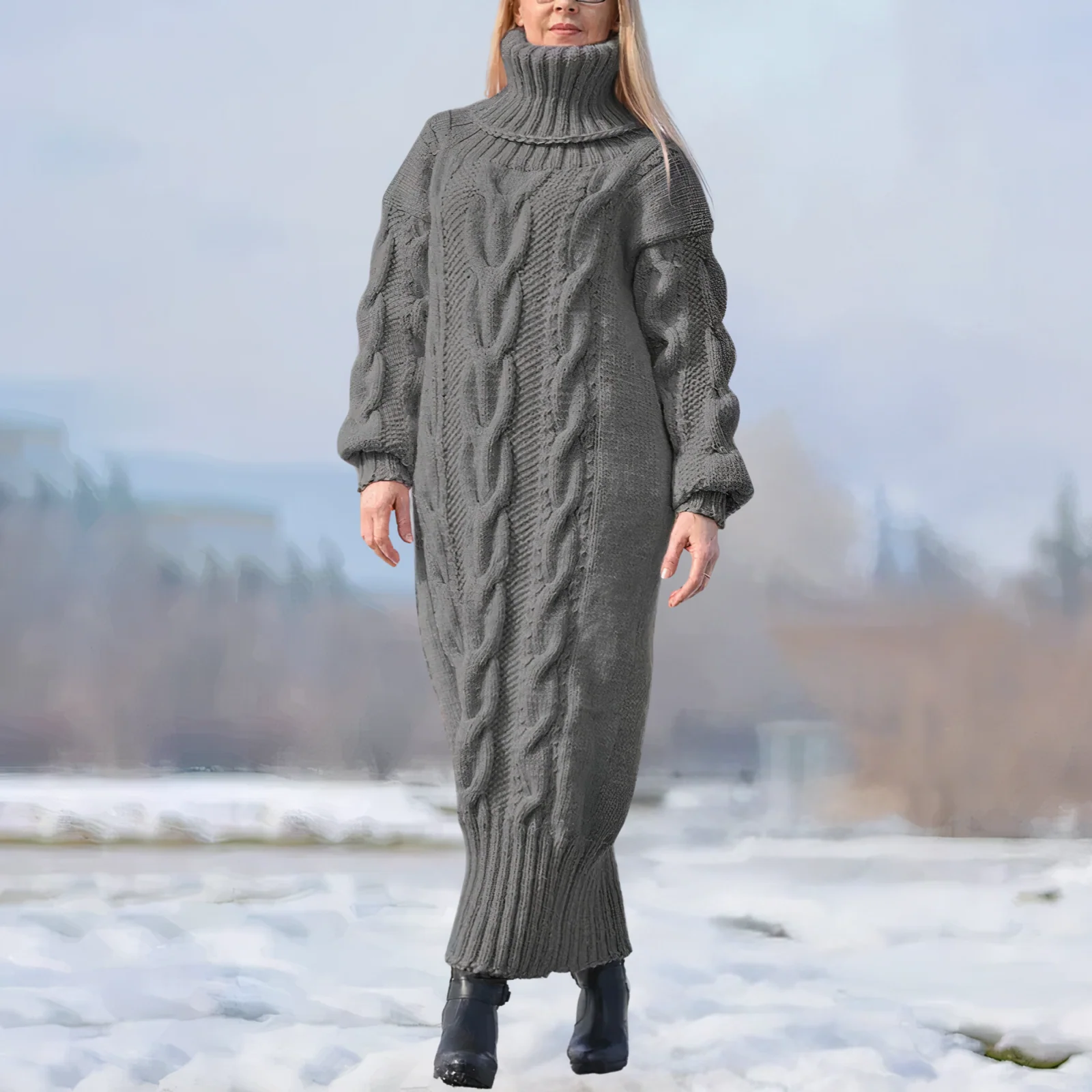 Clara | Damen Strick-Maxikleid lang mit stilvollem Zopfmuster - Image 4