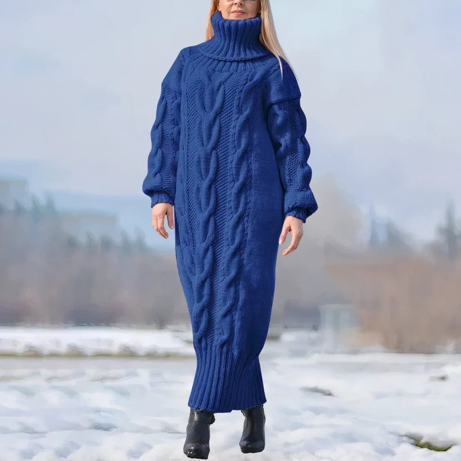 Clara | Damen Strick-Maxikleid lang mit stilvollem Zopfmuster - Image 5