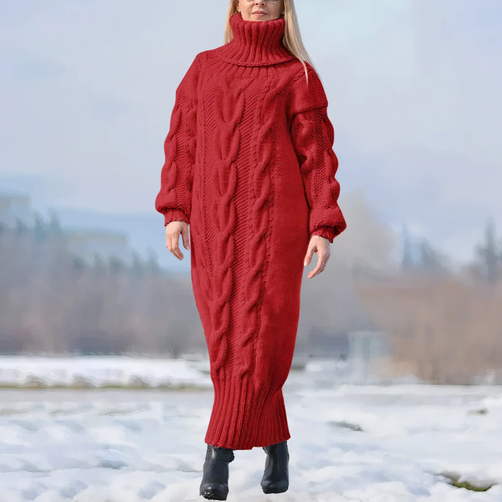 Clara | Damen Strick-Maxikleid lang mit stilvollem Zopfmuster - Image 6