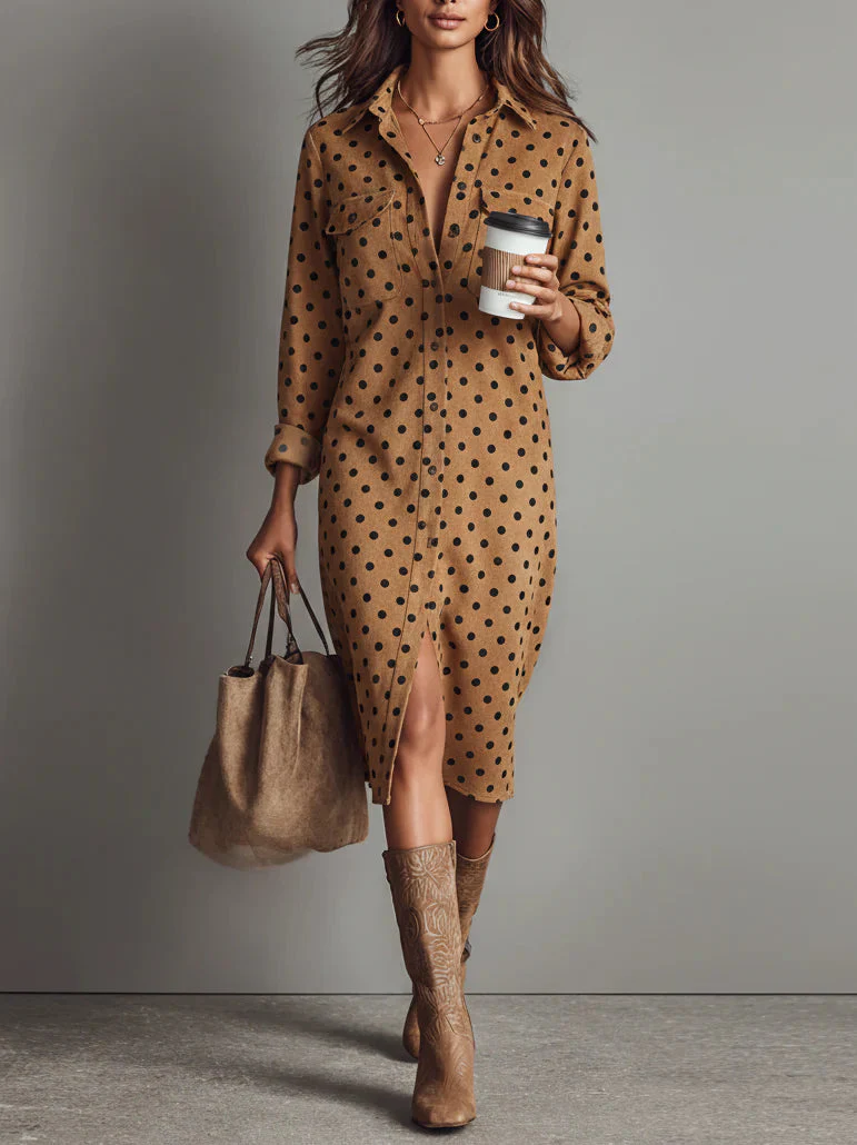 Claudia | Gepunktetes Damen Midi-Kleid stilvoll getragen - Image 3