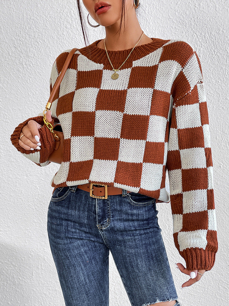 DAME KARIERTER RUNDHALS LANGARMPULLOVER | MODISCHER, BEQUEMER, VIELSEITIGER