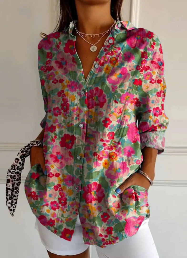 Damen Blumen Button Down Hemd | Langarm