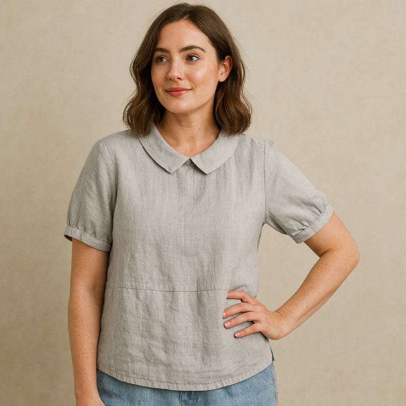 Damen Bluse Kurzarm mit Bubikragen