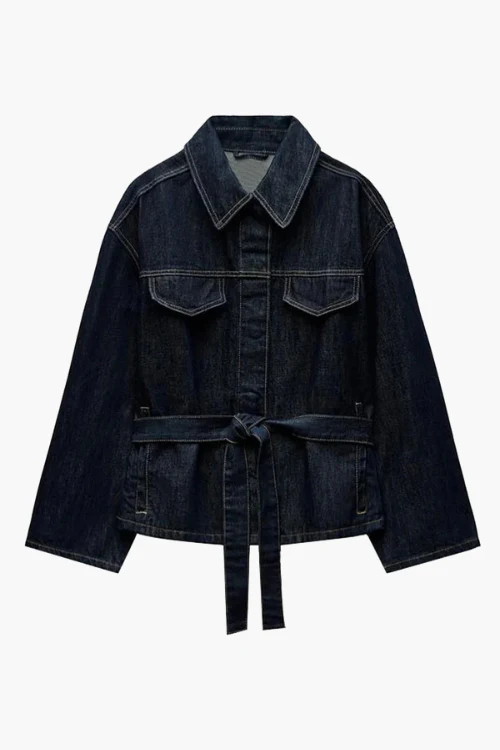 Damen-Denim-Set – Elegante Taillierte Jeansjacke mit Gürtel & Weite High-Waist Hose
