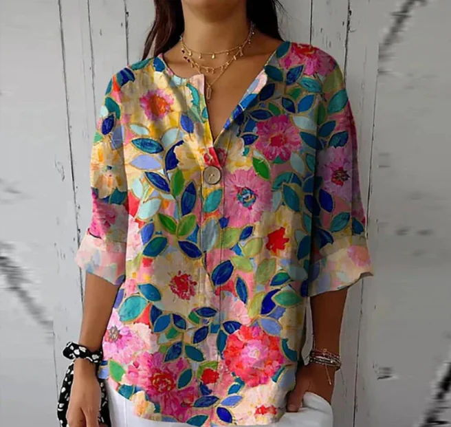 Damen Elegante Button Down Hemd | Blumen Bedrucken