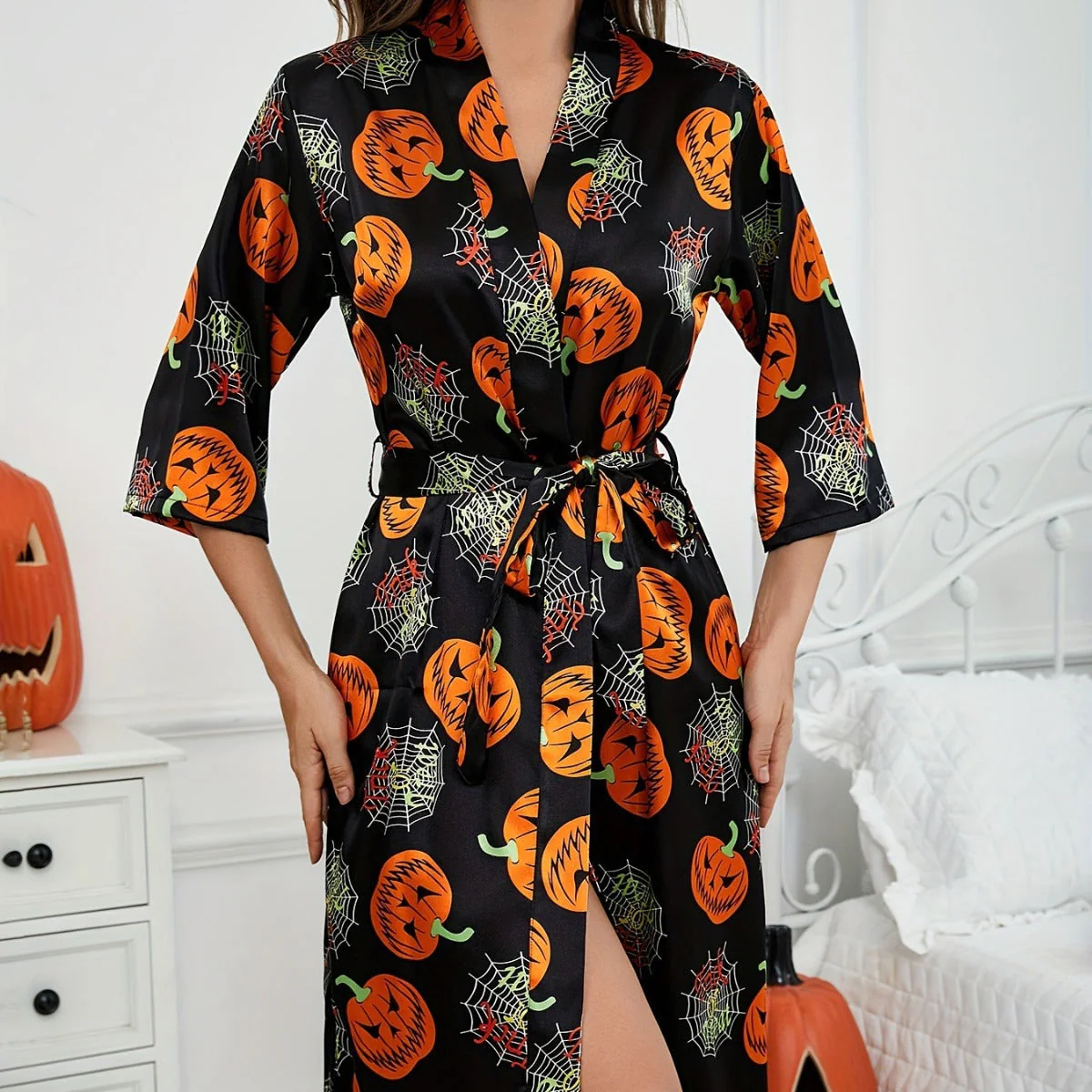 Damen Halloween-Bademantel mit Kürbisprint | Taillengürtel & 3/4-Ärmel - Image 5