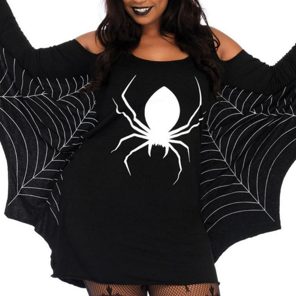 Damen Halloween-Kleid mit Spinnenmotiv | Schulterfrei & Mini-Länge