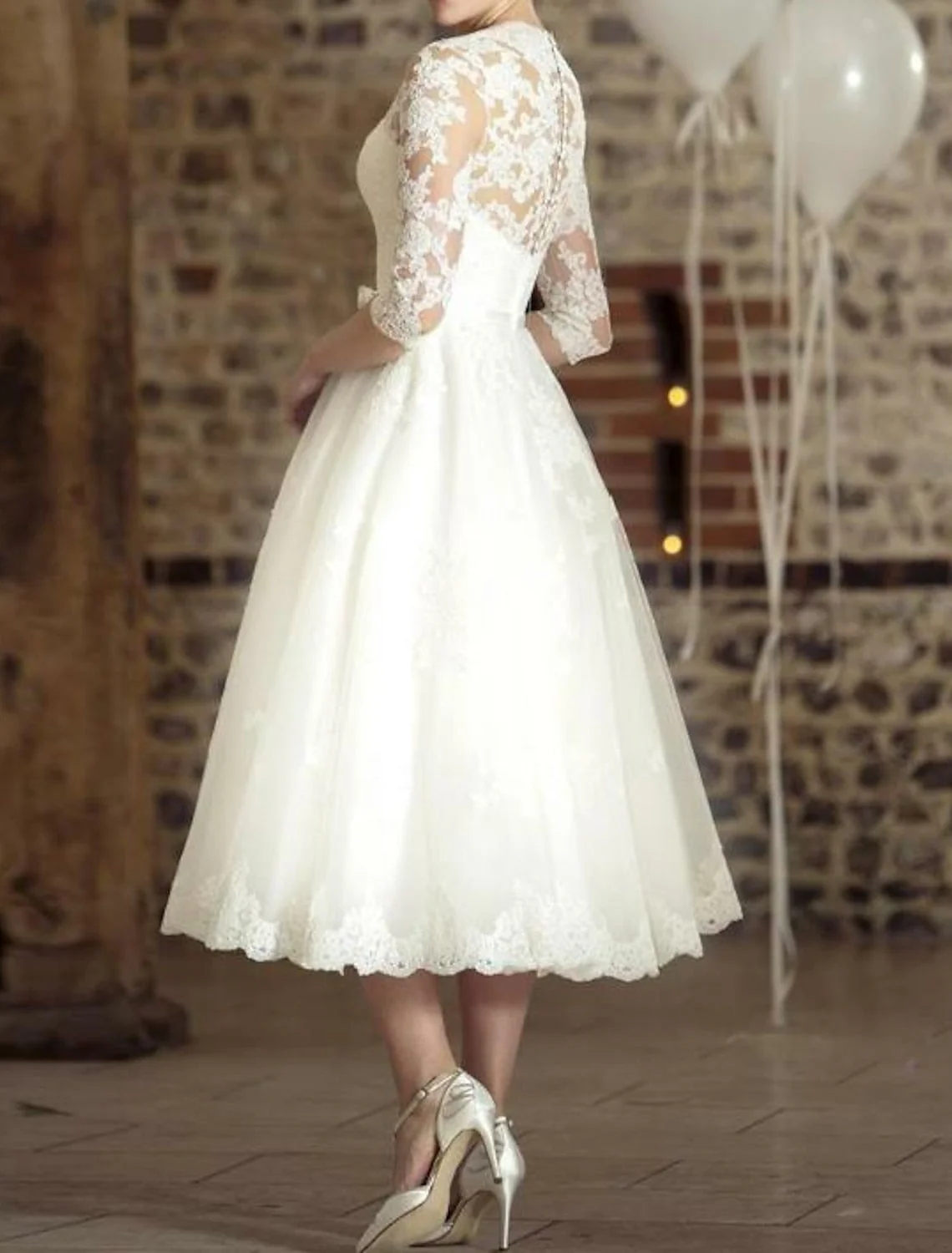 Damen Jahrgang 3/4 Ärmel Brautkleid | Midi
