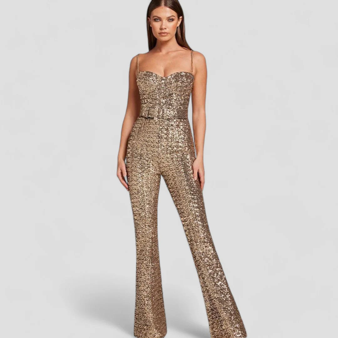 Damen Jumpsuit mit Pailletten, taillierter Schnitt und ausgestelltem Bein für festliche Anlässe