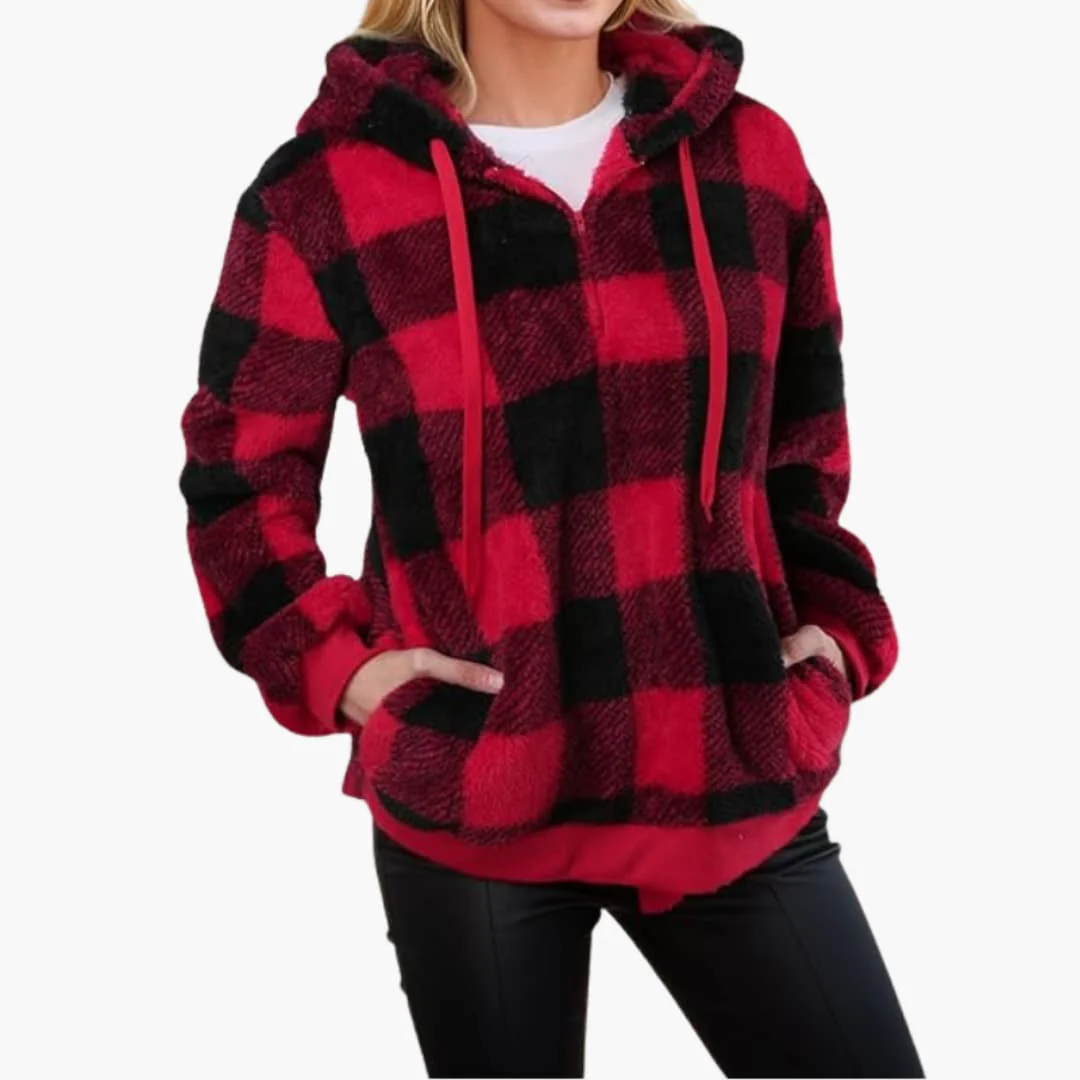 Damen Kapuzen pullover mit Karo-Muster Kängurutasche