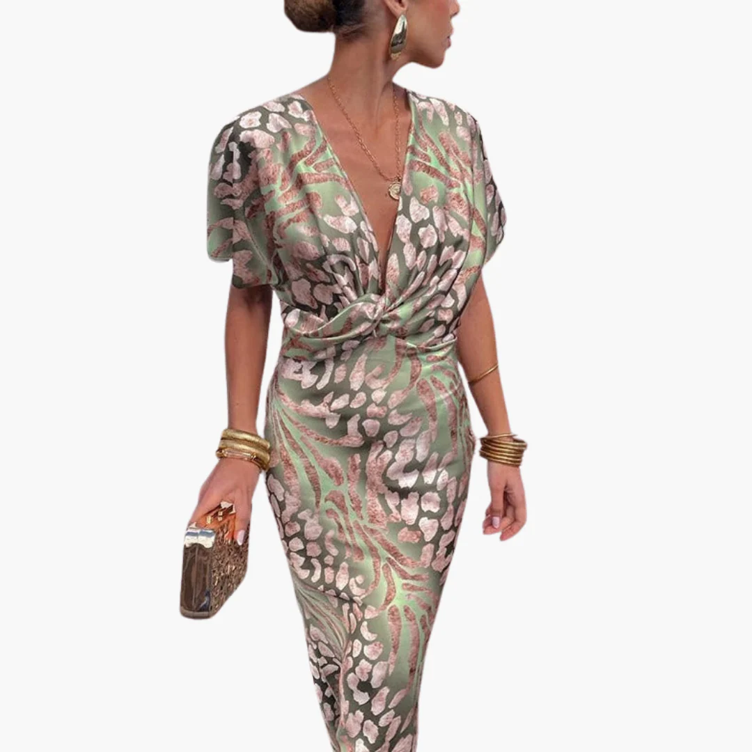 Damen knöchellanges Kleid mit V-Ausschnitt und geknotetem Front-Detail