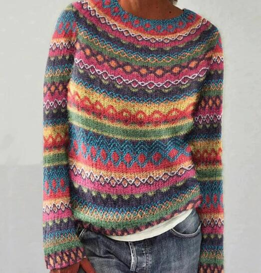 Damen Mehrfarbig Gestreifter Winter Pullover | Warme