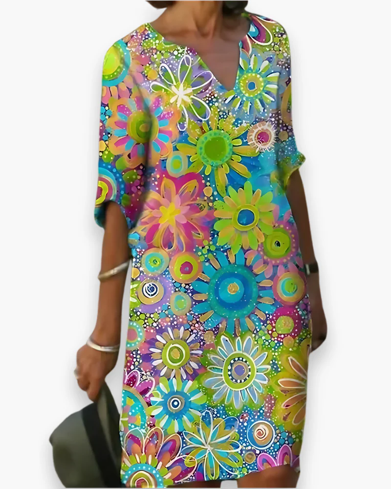 Damen Midi Kleid mit V-Ausschnitt | Blumenlook