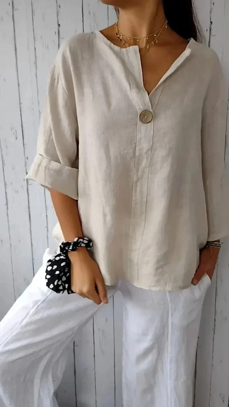 Damen Minimalistisch Button Down Hemd | Weiß und Beige - Image 5