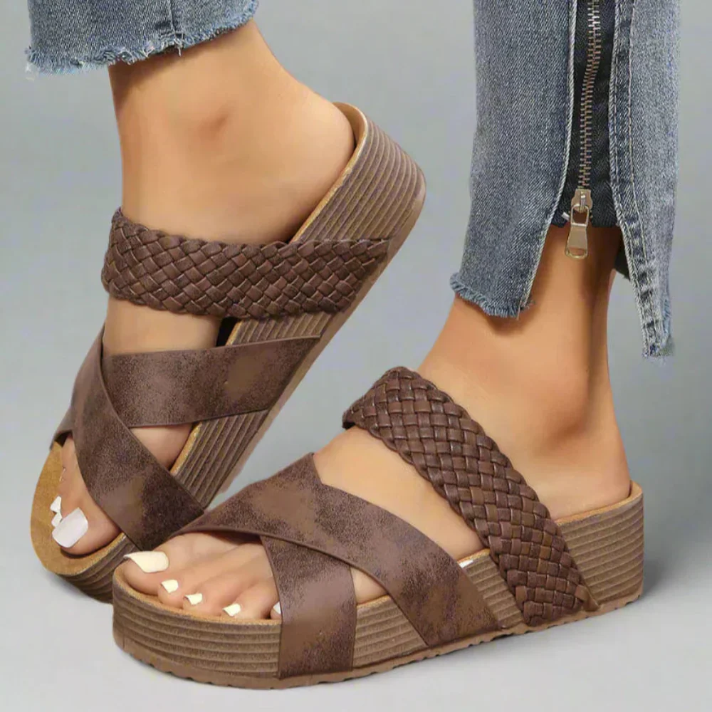 Damen Sandalen Geflochtenem Riemen Keilabsatz Alltag