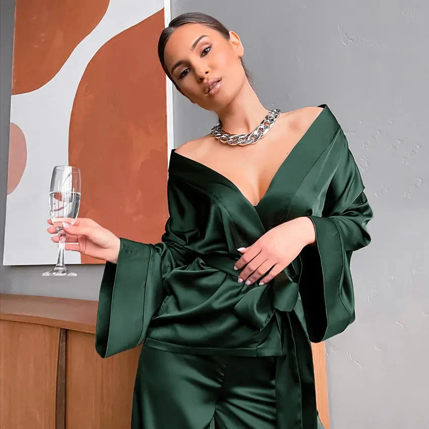 Damen Schlafanzug Satin Look Kimono – Eleganter Pyjama für Komfort und Stil