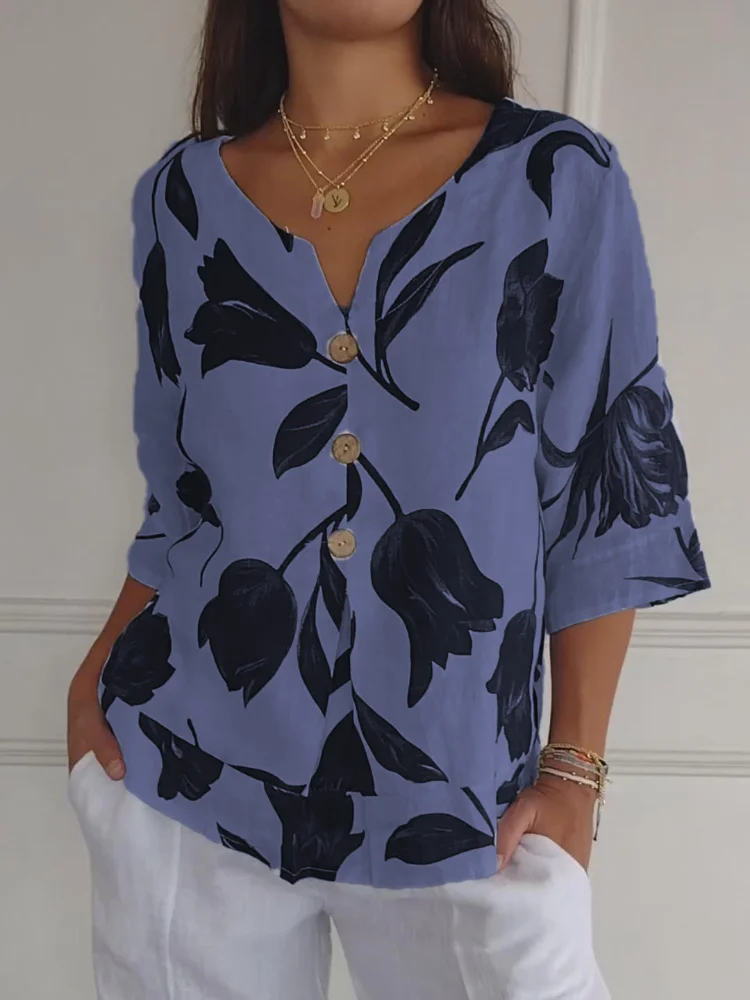 Damen Sommer Button Down Hemd | Blumen Bedrucken
