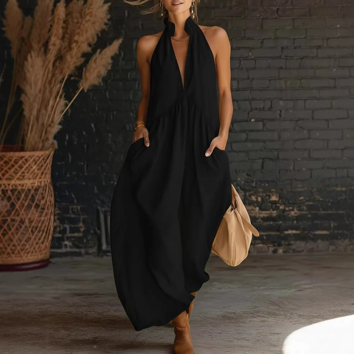 Damen Sommerkleid Ärmellos Tiefer Ausschnitt Midikleid - Image 2