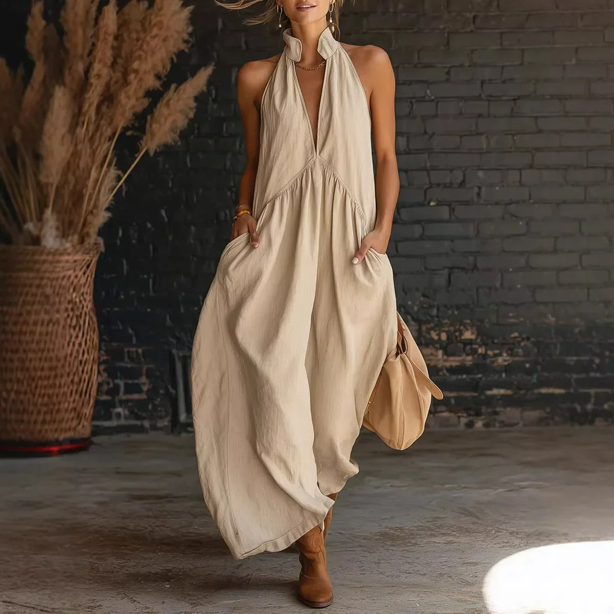 Damen Sommerkleid Ärmellos Tiefer Ausschnitt Midikleid - Image 3