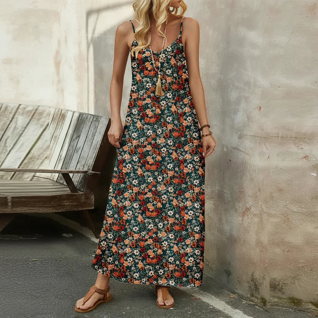 Damen Sommerkleid Blumen Casual Midi Freizeitkleid