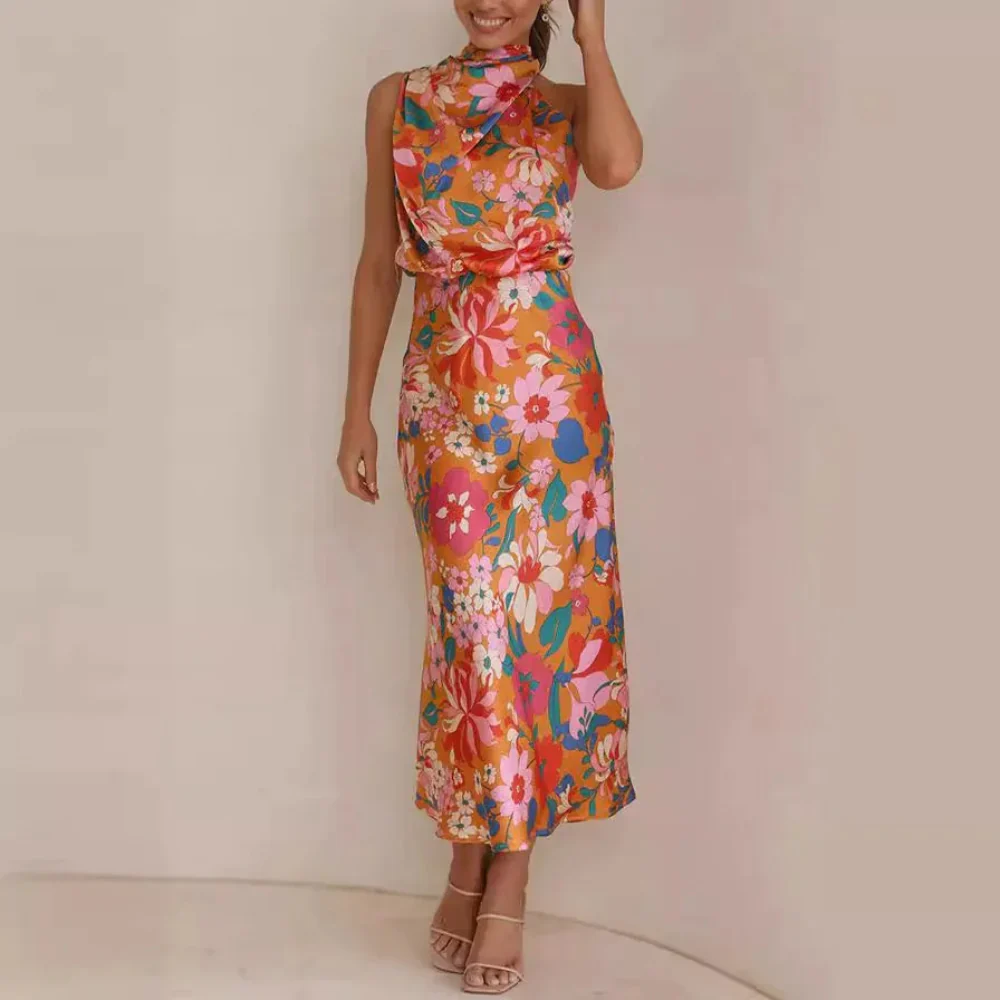 Damen Sommerkleid Blumen Rückenfrei Langes Maxikleid Abend