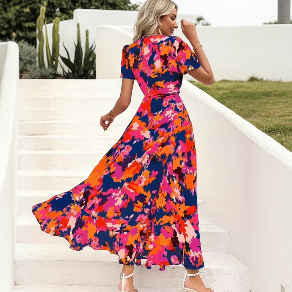 Damen Sommerkleid Boho V-Ausschnitt Schlitz Strand Maxikleid