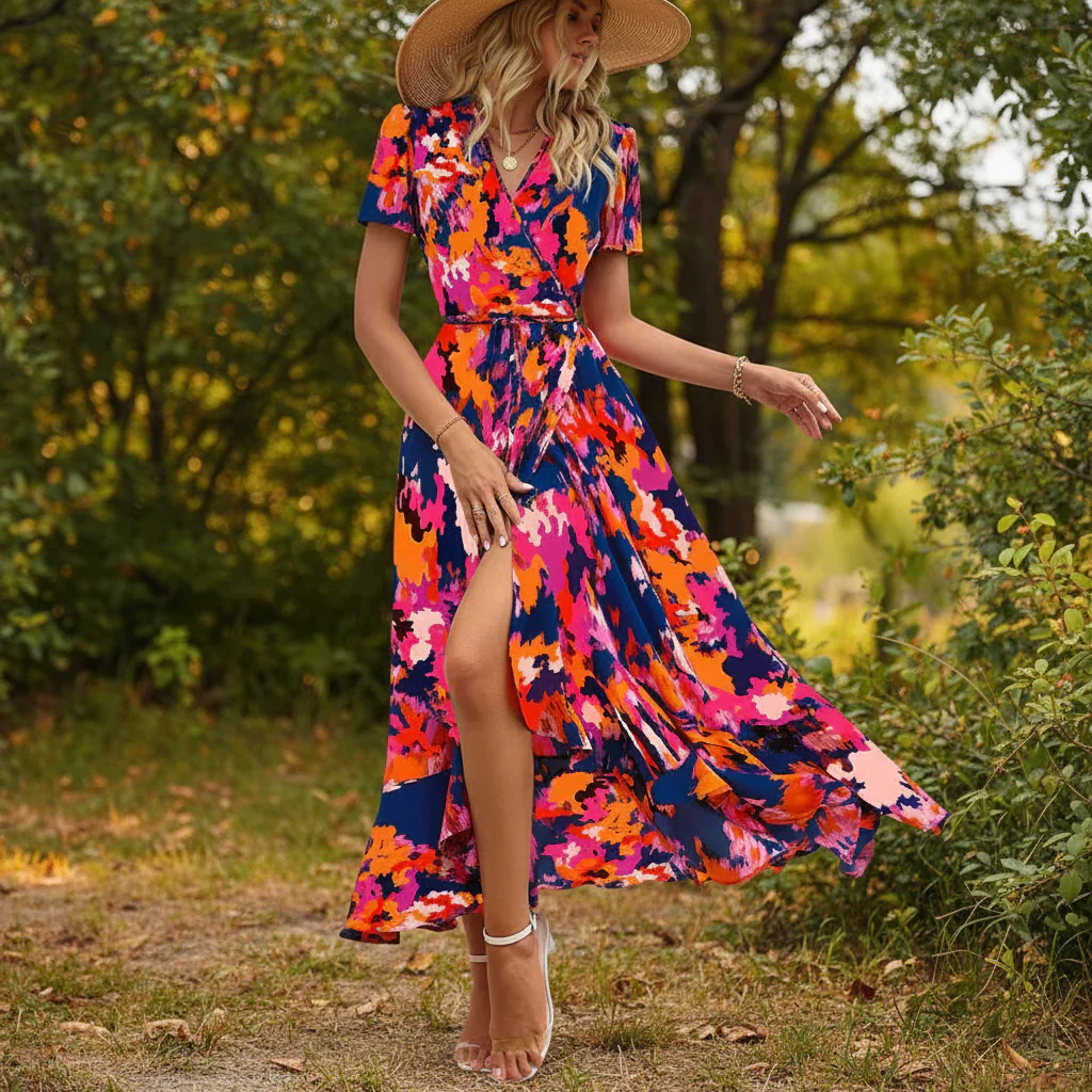 Damen Sommerkleid Boho V-Ausschnitt Schlitz Strand Maxikleid - Image 2