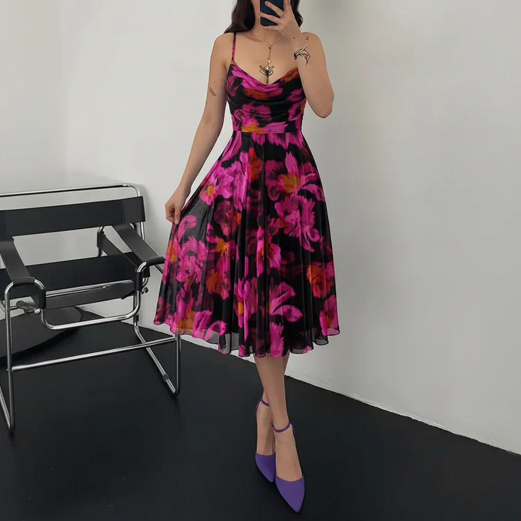 Damen Sommerkleid Cocktail Blumen Midi Freizeitkleid - Image 2