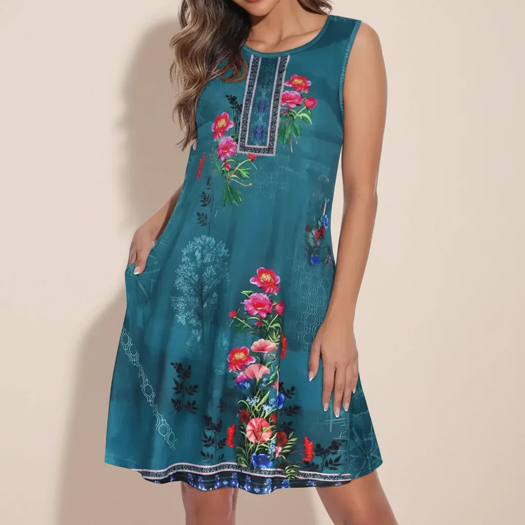 Damen Sommerkleid Kurz Ärmellos Casual Print Freizeitkleid - Image 7