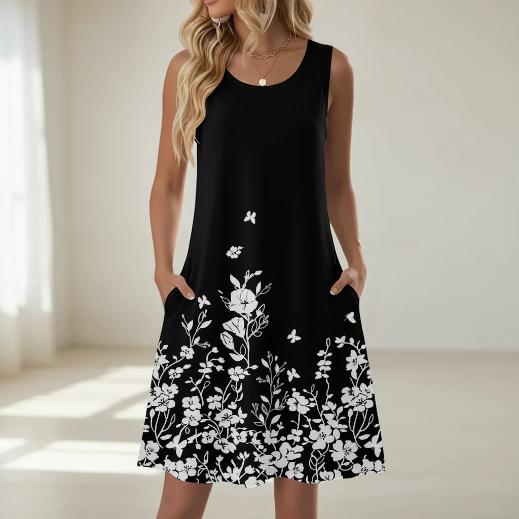 Damen Sommerkleid Kurz Blumenmuster Taschen Freizeit Kleid - Image 16
