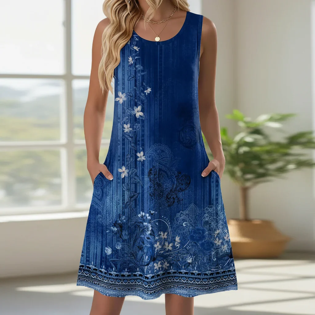 Damen Sommerkleid Kurz Blumenmuster Taschen Freizeit Kleid - Image 4