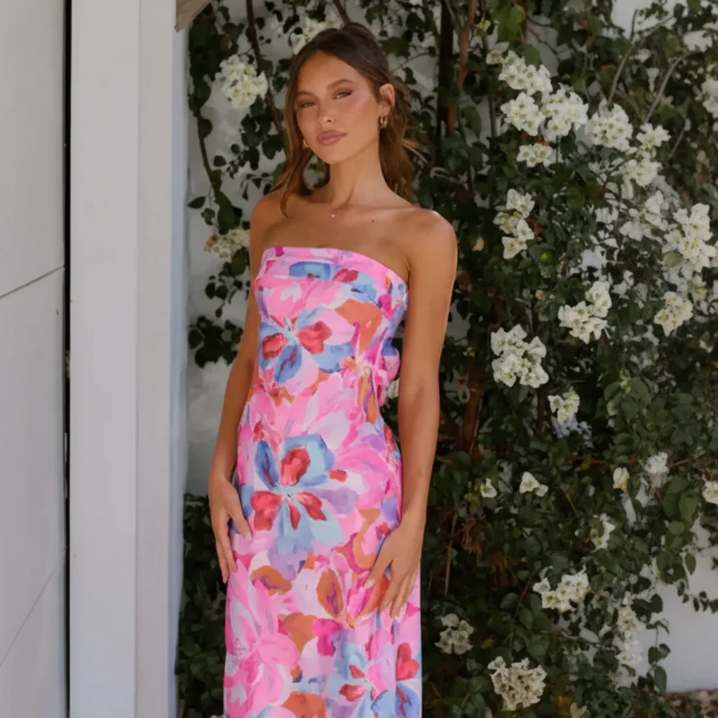 Damen Sommerkleid Lang Röhrenkleid Floral Wickel Design - Image 5