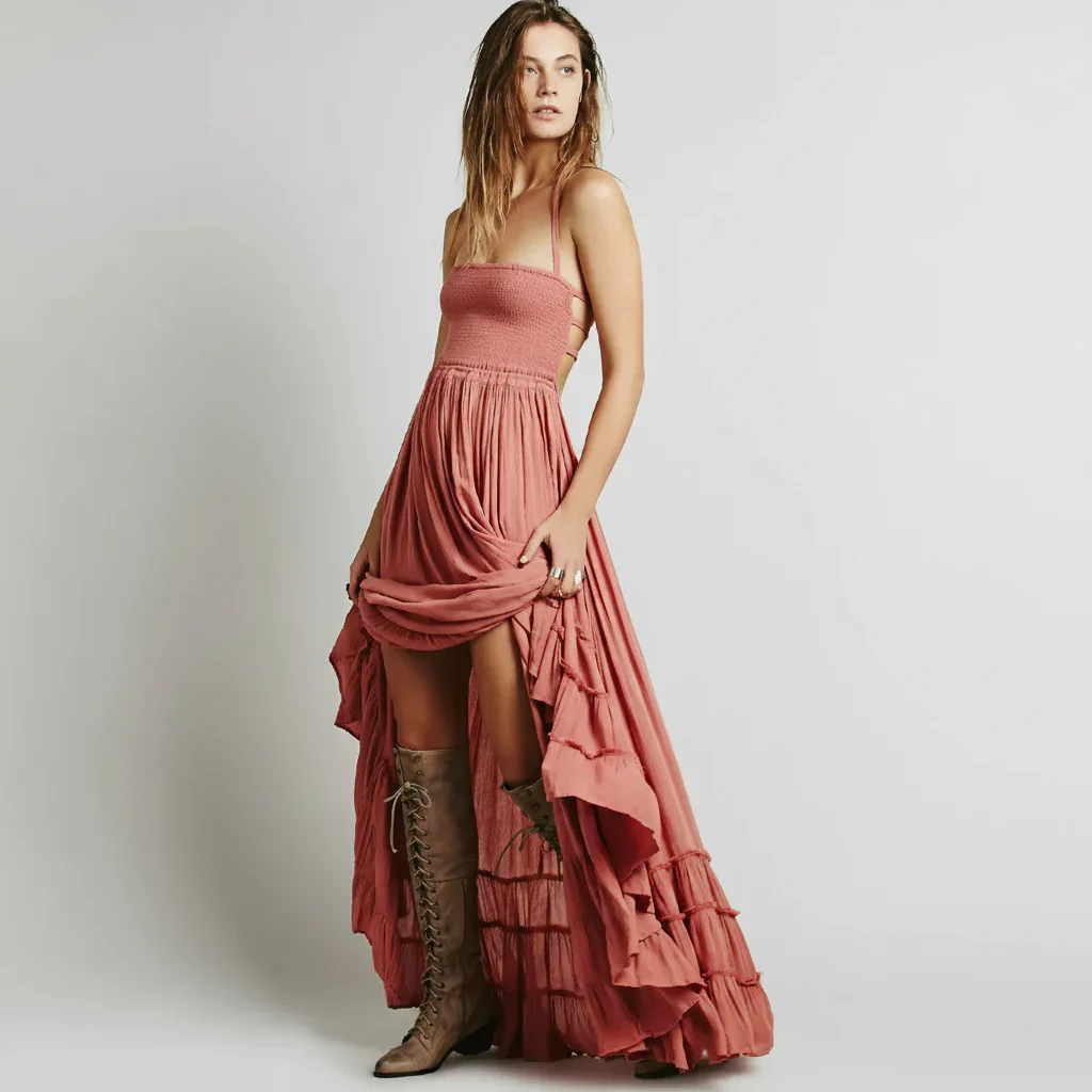 Damen Sommerkleid Lang Rückenfrei Boho Maxikleid Strand - Image 5