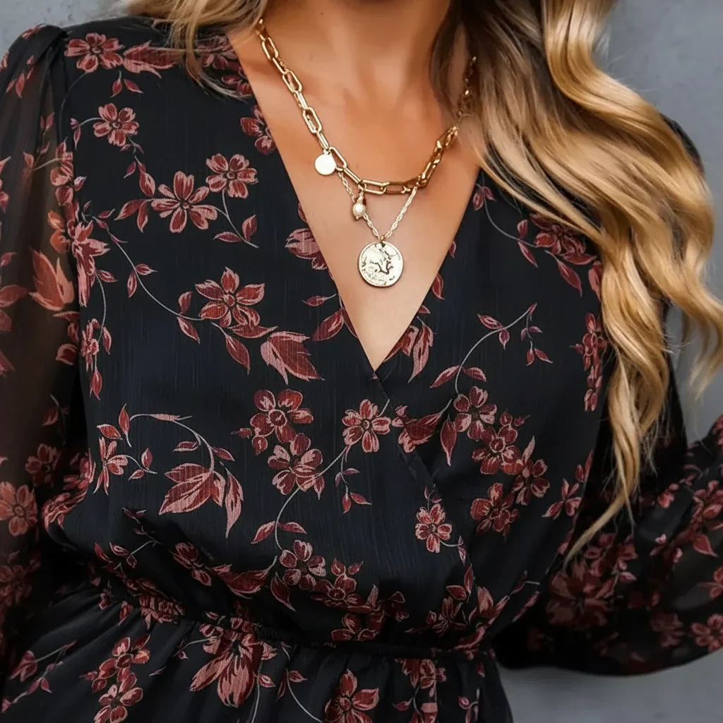 Damen Sommerkleid Langen Ärmeln Floralen Details Sommer
