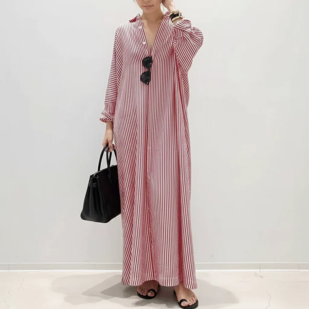 Damen Sommerkleid Langen Ärmeln langen Streifen Freizeitkleid