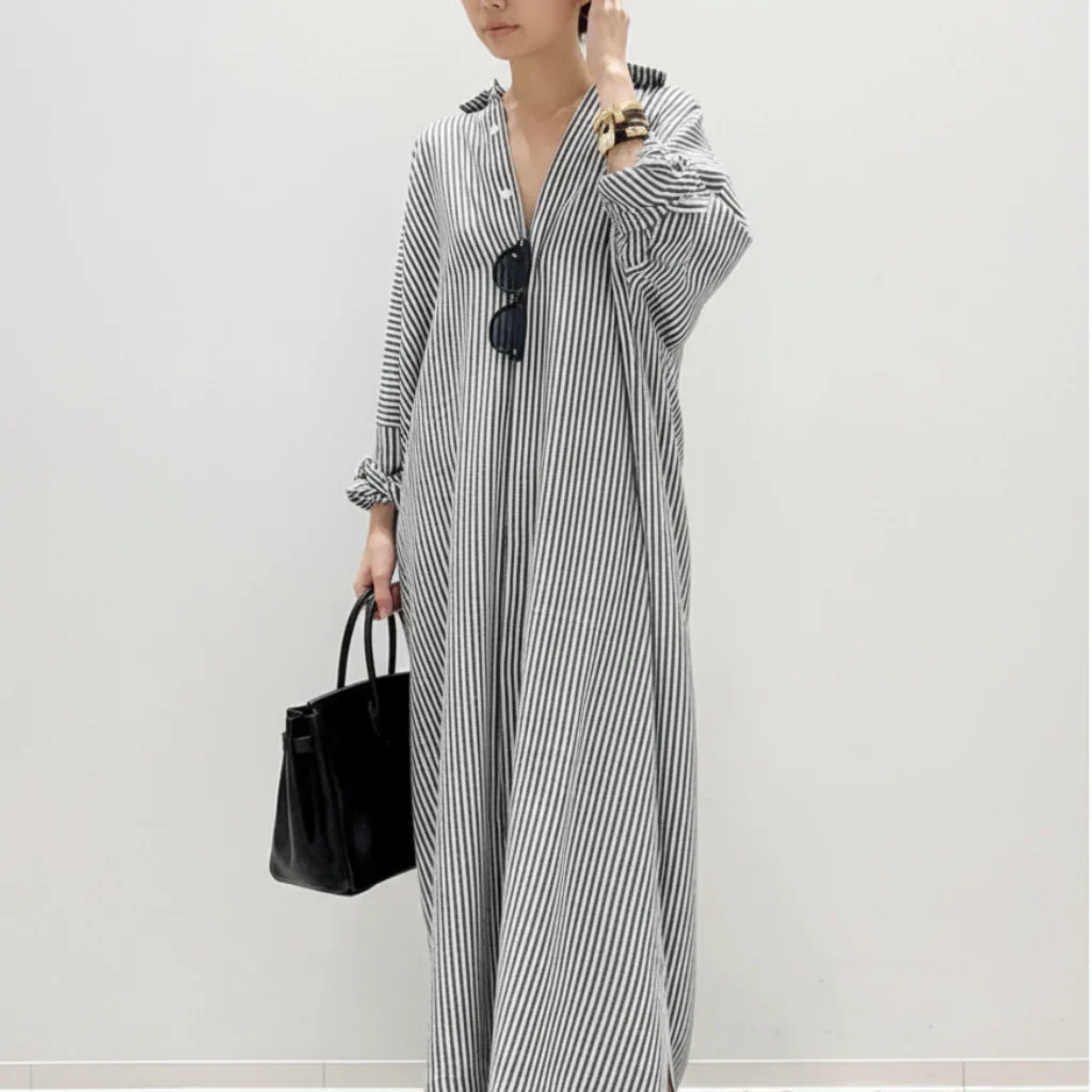 Damen Sommerkleid Langen Ärmeln langen Streifen Freizeitkleid - Image 2